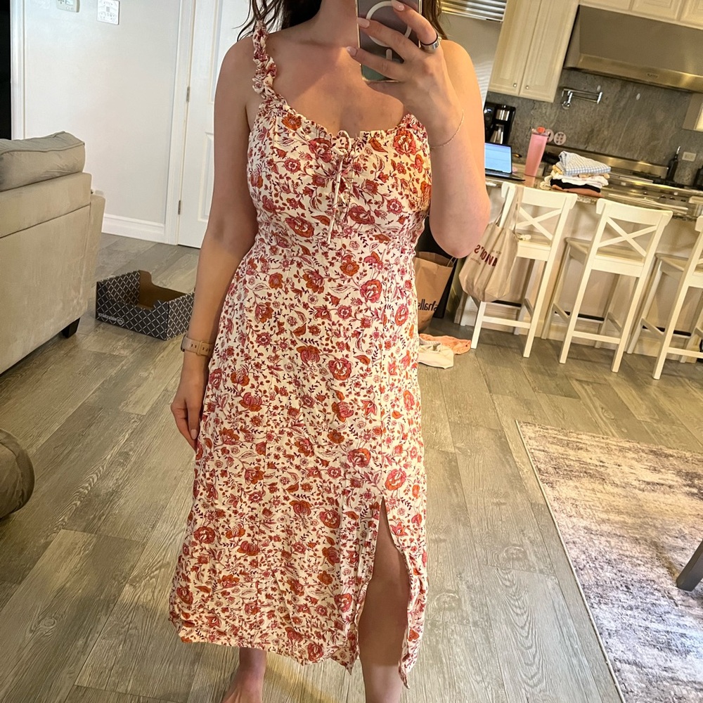 Off White, Pink and Red Floral Print Women's Midi Dress